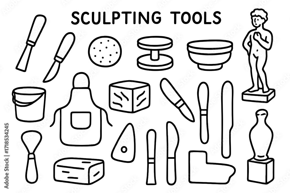 Fototapeta premium Sculpting Tools Doodle. Sculpting Tools. Hand-drawn doodle illustration sculpting tools chisel, carving knife, sponge, potter?s wheel, brush, bucket, apron,