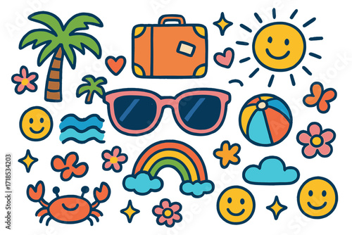Vacation Doodle Bliss. Colorful Hand-drawn doodle Children illustration Sunglasses on Vacation sunglasses, palm tree, suitcase, waves, beach ball, rainbow,