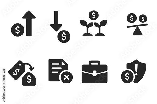 Investment Strategy Icons. Solid, filled icon set of investment strategies: long position, short position, diversification, leverage, arbitrage, derivatives,