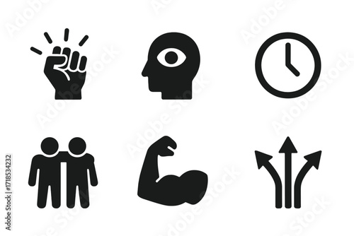 Battle Rhythm Icons. Solid, filled icon set of battle rhythm expressions: intensity, focus, energy, timing, coordination, unity, power, precision. Solid,