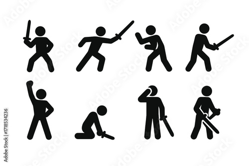 Duel Pose Icons. Solid, filled icon set of duel poses: ready stance, attack, defense, retreat, victory pose, defeat pose, salute, draw weapon. Solid, filled