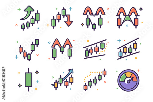 Swing Trading Icons. Colorful isometric vector icons set of swing trading concepts: entry arrow, exit arrow, swing low, swing high, pullback pattern, double