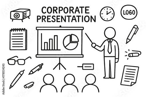 Corporate Presentation Doodles. Hand-drawn doodle illustration Corporate presentation [projector, screen, graph, bar chart, pie chart, presenter, pointer