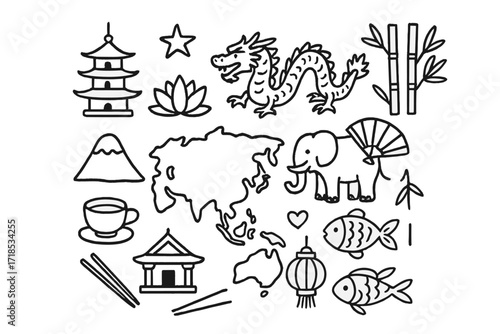 Asia Doodle Icons. Hand-drawn doodle illustration Asia continent [pagoda, lotus flower, elephant, dragon, bamboo, fan, mountain, temple, star, map outline, tea