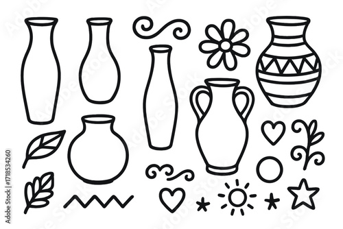 Clay Vase Doodle Collection. Hand-drawn doodle illustration Clay vase collection [tall vase, round vase, narrow vase, patterned vase, handles, decorative