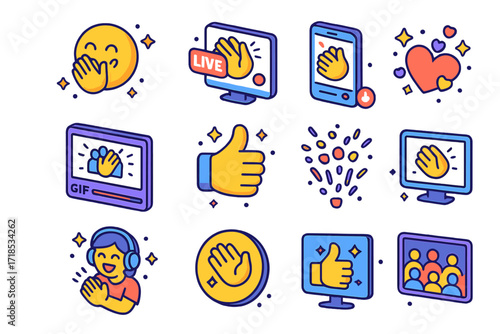 Digital Applause Icons. Colorful isometric vector icons set of Applause in digital media: clapping emoji, virtual reaction, livestream claps, audience GIF,