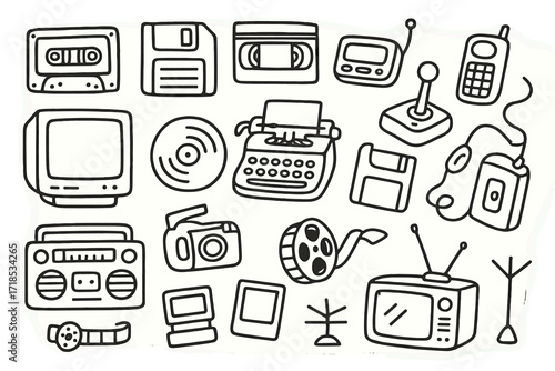 Retro Tech Doodle Icons. Hand-drawn doodle illustration Retro Tech Nostalgia [cassette tape, floppy disk, VHS tape, CRT monitor, joystick, pager, old phone,