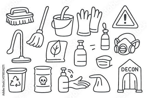 Pollution Control Icons. Hand-drawn doodle illustration pollution control and cleanup cleanup brush, mop, bucket, gloves, warning triangle, respirator, hazmat