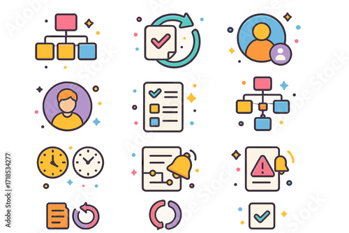 Task Management Icons. Colorful isometric vector icons set of task management clarity: task breakdown structure, recurring task icon, color-coded tag, assigned