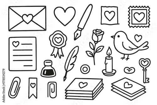 Love Note Doodles. Hand-drawn doodle illustration [Love note exchange] [envelope, heart, pen, paper, wax seal, ribbon, stamp, quill, rose, candle, lovebird,