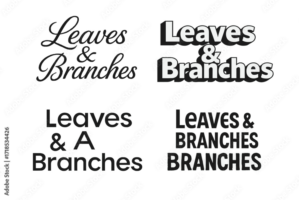 Fototapeta premium Harmonious Lettering Designs. Leaves & Branches. Set lettering. harmonious lettering variations of the same emblematic concept, each with different artistic