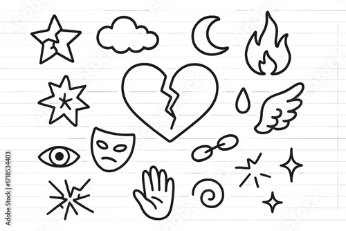 Cracked Soul Icons. Hand-drawn doodle illustration Cracked soul broken heart, crack line, tear drop, shattered star, cloud, moon, flame, wings, mask, chain,
