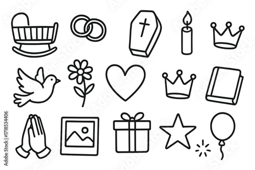Life's Journey Symbols. Hand-drawn doodle illustration Life milestones baby cradle, wedding rings, coffin, candle, dove, flower, heart, crown, book, star,