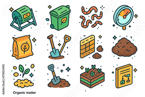 Composting Icons Set. Colorful isometric vector icons set of composting and soil care: compost tumbler, food scraps bin, worms, compost thermometer, mulch