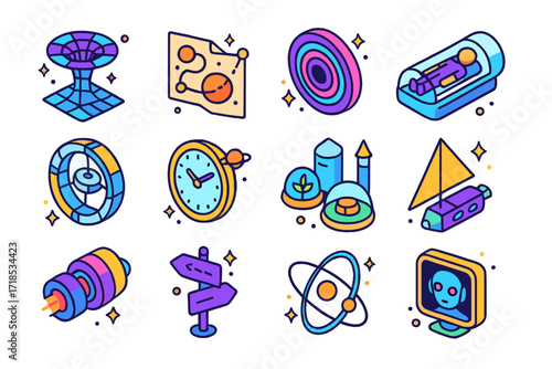 Space Travel Icons. Colorful isometric vector icons set of Space travel concepts: wormhole, interplanetary map, hyperspace tunnel, cryosleep pod, gravity ring,