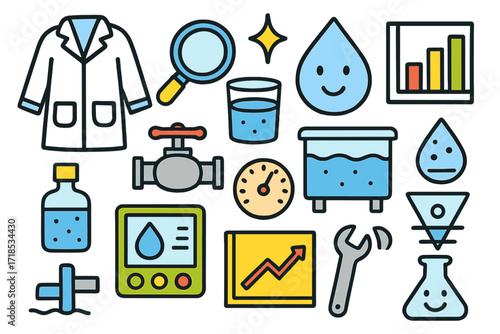 Water Quality Lab Icons. Colorful Hand-drawn doodle Children illustration Water quality control lab coat, magnifying glass, water sample, sparkle icon, droplet