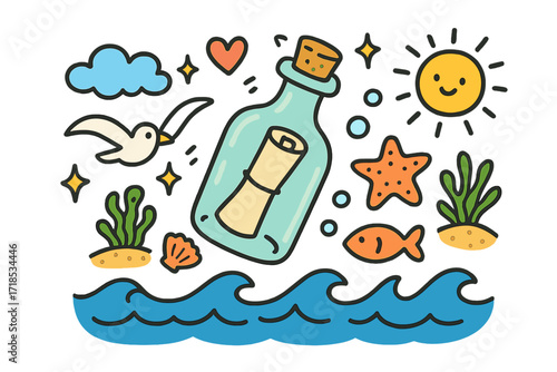 Ocean Adventure Doodle. Colorful Hand-drawn doodle Children illustration ocean bottles floating bottle, cork, ocean waves, starfish, fish, seaweed, sand,