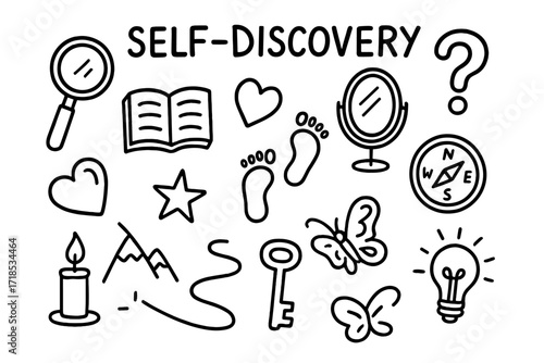 Self-Discovery Symbols. Hand-drawn doodle illustration Self-discovery, magnifying glass, mirror, question mark, book, heart, footprints, star, compass, candle,