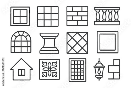 Architectural Doodle Icons. Hand-drawn doodle illustration square in architecture window panes, floor tiles, brick wall, balcony, arch with squares, column