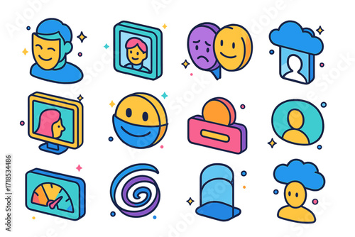 Isometric Online Identity Icons. Colorful isometric vector icons set of Online identity and mental stress: profile mask, curated avatar, hidden emotions icon,