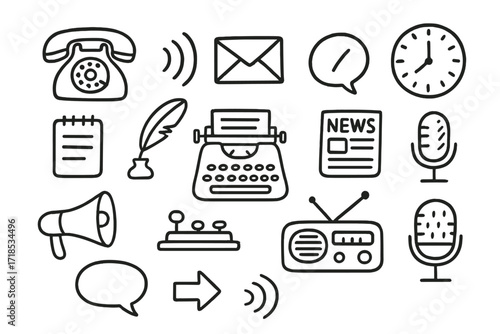 Communication Symbols Doodle. Hand-drawn doodle illustration Communication Symbols rotary phone, sound waves, letter envelope, clock, notepad, quill pen,
