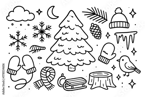 Winter Pine Doodle. Hand-drawn doodle illustration Winter Pine [snow-covered pine tree, snowflake, branch, pine cone, cloud, moon, star, stump, mittens, scarf,