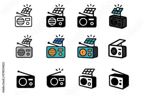 Solar Radio Logo Set. Set Logo of Portable Radio: Solar-powered radio. Logo set in vector style, emblematic variations. line, bold thick line, solid black