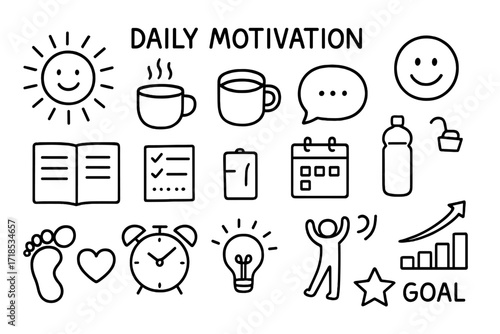 Morning Motivation Icons. Hand-drawn doodle illustration Daily Motivation sun, coffee mug, smiley face, quote bubble, notebook, checklist, calendar, water
