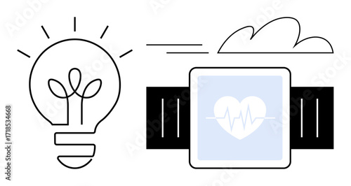 Lightbulb with sprouting plant next to smartwatch with heartbeat display, combining health monitoring and innovation. Ideal for technology, healthcare, fitness, growth, progress, ideas
