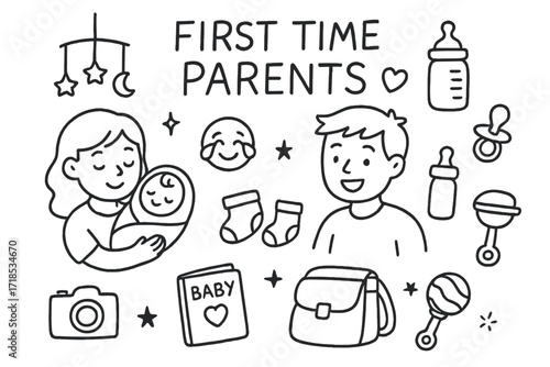 First-Time Parenthood Doodles. Hand-drawn doodle illustration First time parents [mom, dad, baby, blanket, pacifier, bottle, camera, baby book, diaper bag,