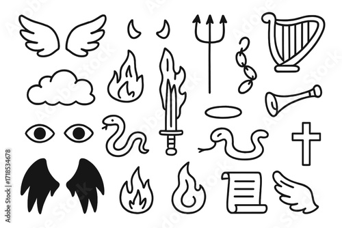 Angels and Demons Doodles. Hand-drawn doodle illustration [Angels and demons] angel wings, devil horns, pitchfork, harp, flaming sword, cloud, chains, trumpet,