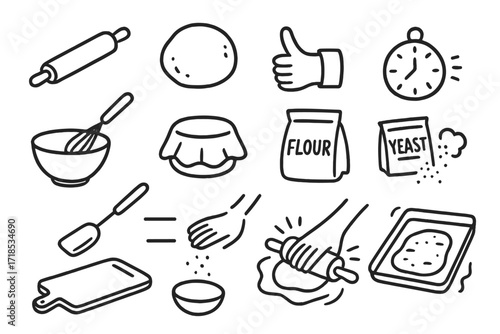 Baking Essentials Doodle. Hand-drawn doodle illustration Flatbread and dough preparation rolling pin, dough ball, flour bag, hand icon, bowl, whisk, cloth