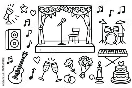 Wedding Stage Doodle. Hand-drawn doodle illustration Wedding stage setup microphone, speakers, guitar, drum set, keyboard, lights, bouquet, champagne glasses,