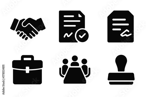 Business Icon Set. Solid, filled icon set of business offers: handshake, contract, signed document, proposal letter, briefcase, business card, meeting table,