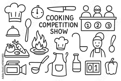 Cooking Competition Doodles. Hand-drawn doodle illustration Cooking competition show [chef hat, stove, timer, judges, knife, vegetables, plate, flames,