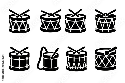 Historical Drum Icons. Solid, filled icon set of military drum historical styles: colonial drum, fife and drum, regimental drum, Revolutionary War drum, Civil