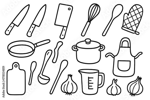 Chef's Kitchen Tools. Hand-drawn doodle illustration chef?s kitchen chef knife, steak knife, cleaver, whisk, spoon, spatula, frying pan, pot, oven mitt,