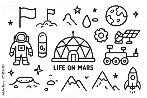 Mars Habitat Icons. Hand-drawn doodle illustration Life on Mars dome habitat, astronaut, rover, flag, greenhouse, oxygen tank, water droplet, satellite dish,