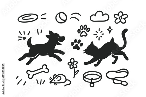 Playful Pet Doodle. Hand-drawn doodle illustration Playful Chase [dog silhouette, cat silhouette, bouncing ball, frisbee, paw prints, bone, whiskers, sparkle,