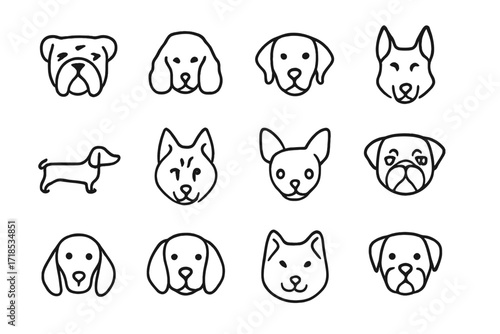 Dog Breed Icons. Dog breeds. Line icon set of dog breeds: bulldog, poodle, labrador, german shepherd, dachshund, husky, chihuahua, pug, dalmatian, beagle,