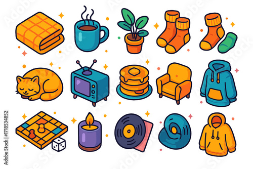 Lazy Sunday Icons. Colorful isometric vector icons set of Lazy Sunday vibes: cozy blanket, steaming mug, indoor plant, fuzzy socks, cat sleeping, television,