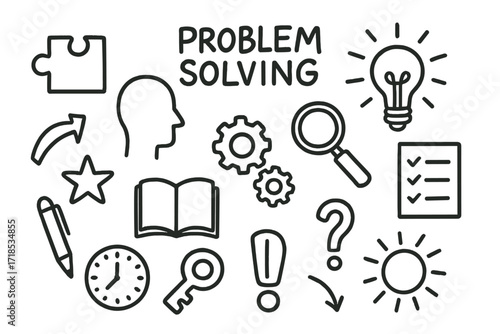 Problem Solving Icons. Hand-drawn doodle illustration Problem solving puzzle piece, head silhouette, light bulb, magnifying glass, gears, arrow,