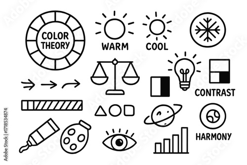 Color Theory Icons. Hand-drawn doodle illustration Color theory basics color wheel, warm tone icon, cool tone icon, balance scale, light bulb, contrast icon,