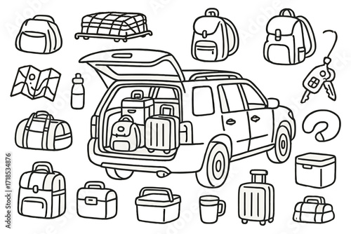 SUV Packed for Travel. Hand-drawn doodle illustration [Luggage loaded in SUV] [SUV, luggage bags, duffel bag, backpack, roof rack, open trunk, suitcase, folded