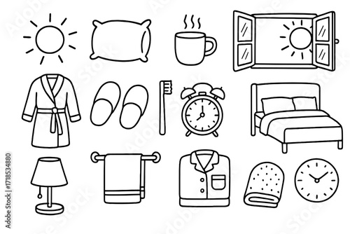 Morning Routine Icons. Hand-drawn doodle illustration [Bedroom morning routine] [sun, pillow, steaming mug, open window, robe, slippers, toothbrush, alarm