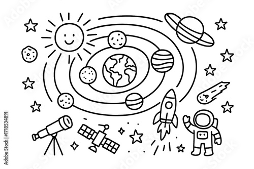 Solar System Doodles. Hand-drawn doodle illustration Planetary orbits sun, orbit lines, planets, earth, mars, saturn, jupiter, moon, comet, asteroid, star,