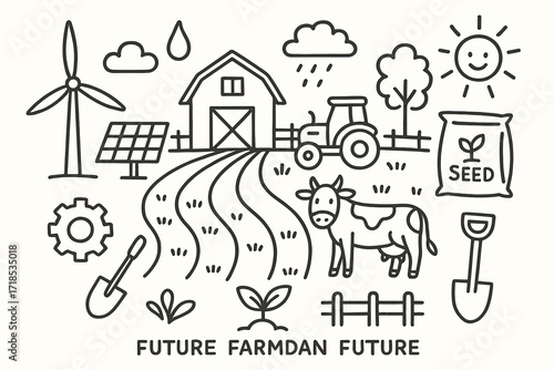Future Farm Illustration. Hand-drawn doodle illustration farmland future wind turbine, solar panel, barn, tractor, plowed field, cow, tree, fence, droplet,