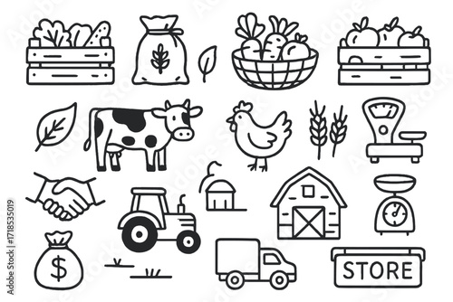 Organic Farming Icons. Hand-drawn doodle illustration wholesale organic farming products crate, sack of grain, basket of vegetables, fruit box, leaf, cow,