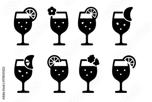 Black Spritz Icons Grid. Solid, filled icon set of spritz cocktail variations: classic aperol spritz, campari spritz, elderflower spritz, grapefruit spritz,