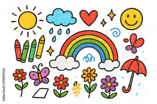 Colorful Children's Doodle. Colorful Hand-drawn doodle Children illustration Rainbow Art rainbow stripes, crayons, sunshine, cloud, heart, smiling face, drops,